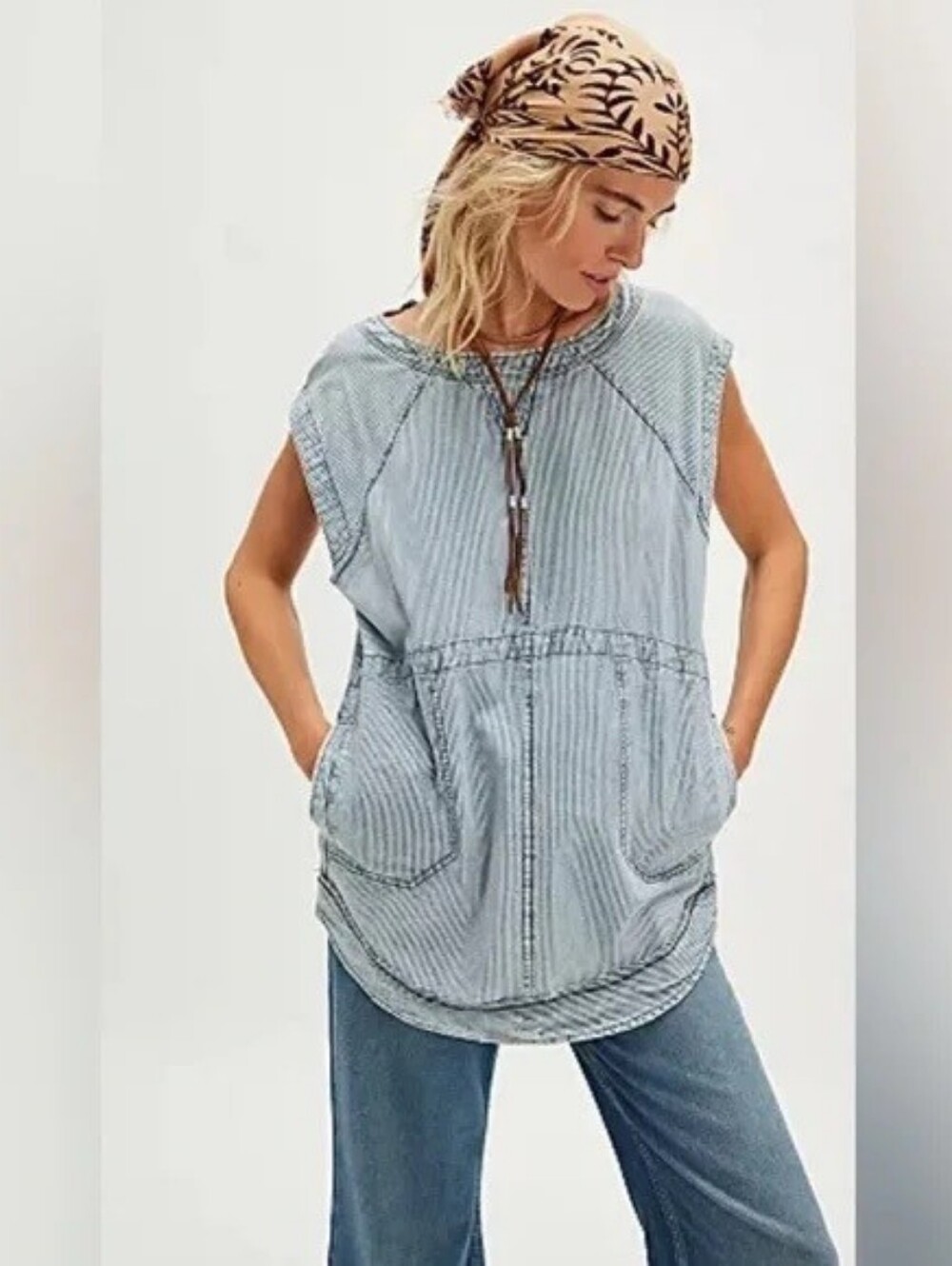 We The Free Light Blue Striped Hooded Tunic Top